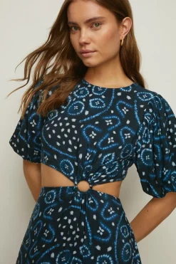 Fashion Oasis Linen Mix Tribal Ring Cut Out Midi Dress Blue