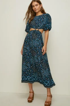 Fashion Oasis Linen Mix Tribal Ring Cut Out Midi Dress Blue
