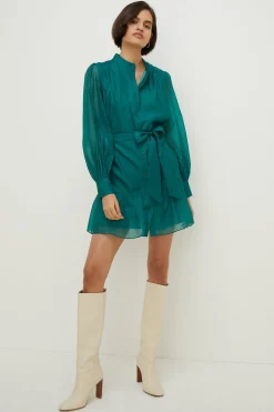 Online Oasis Long Sleeve Organza Mini Shirt Dress Green