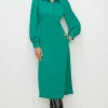 Hot Oasis Long Sleeve Pearl Button Detail Midi Dress Green