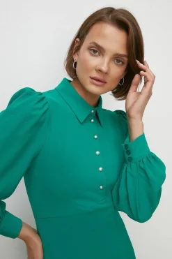 Hot Oasis Long Sleeve Pearl Button Detail Midi Dress Green