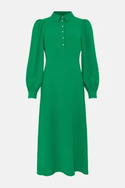 Hot Oasis Long Sleeve Pearl Button Detail Midi Dress Green