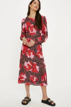 Hot Oasis Long Sleeve Printed Midi Tea Dress Multi