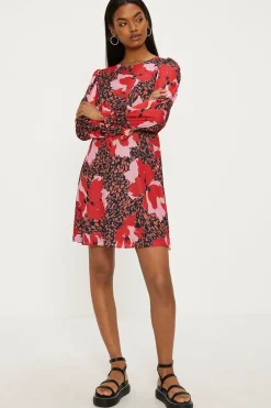 Discount Oasis Long Sleeve Printed Skater Dress Multi