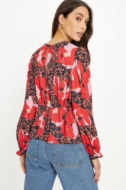 Hot Oasis Long Sleeve Printed Tea Blouse Multi