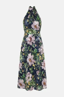 Discount Oasis Lyanna Satin Burnout Halter Neck Dress Navy