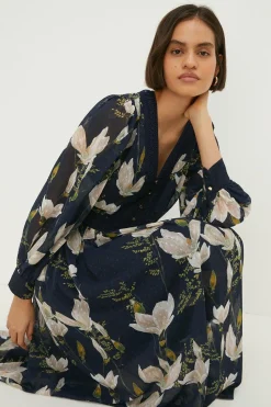 New Oasis Magnolia Floral Dobby Chiffon Lace V Neck Midi Dress Navy