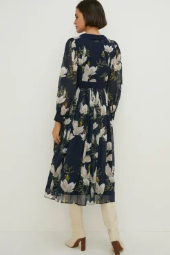 New Oasis Magnolia Floral Dobby Chiffon Lace V Neck Midi Dress Navy