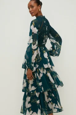 Clearance Oasis Magnolia Floral Lace Tiered Dobby Midi Dress Bottle Green