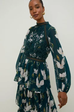 Clearance Oasis Magnolia Floral Lace Tiered Dobby Midi Dress Bottle Green