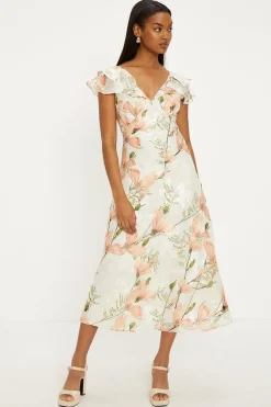 Best Oasis Magnolia Floral Satin Burnout Ruffle Midi Dress Ivory