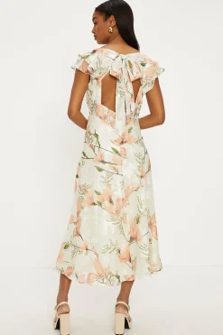 Best Oasis Magnolia Floral Satin Burnout Ruffle Midi Dress Ivory