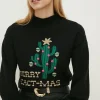 Fashion Oasis Merry Cact-Mas Pom Pom Christmas Jumper Black