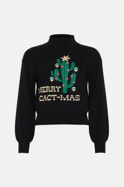 Fashion Oasis Merry Cact-Mas Pom Pom Christmas Jumper Black
