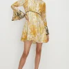 Hot Oasis Metallic Bird Printed Flute Sleeve Skater Multi