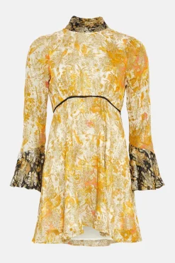 Hot Oasis Metallic Bird Printed Flute Sleeve Skater Multi
