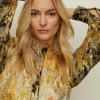 New Oasis Metallic Bird Printed Midi Dress Ochre