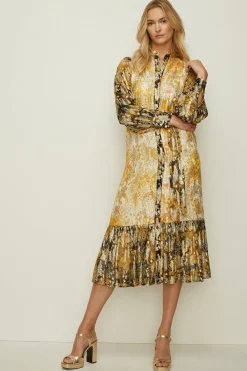 New Oasis Metallic Bird Printed Midi Dress Ochre