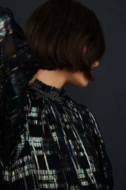 Hot Oasis Metallic Check Shirred High Neck Blouse Black