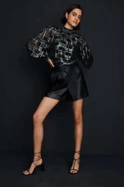Hot Oasis Metallic Check Shirred High Neck Blouse Black