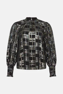 Hot Oasis Metallic Check Shirred High Neck Blouse Black