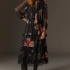 Hot Oasis Metallic Chiffon Floral Print Tiered Midi Dress Black