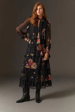 Hot Oasis Metallic Chiffon Floral Print Tiered Midi Dress Black