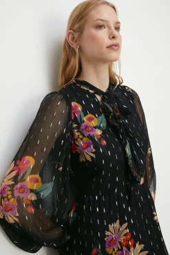 Hot Oasis Metallic Chiffon Floral Print Tiered Midi Dress Black