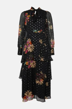 Hot Oasis Metallic Chiffon Floral Print Tiered Midi Dress Black