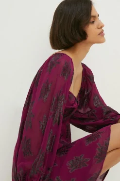 New Oasis Metallic Chiffon Mini Dress Berry