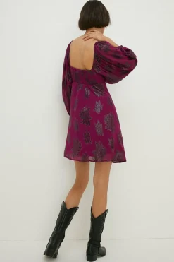 New Oasis Metallic Chiffon Mini Dress Berry