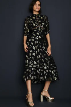 Outlet Oasis Metallic Floral Jacquard Lace Trim Midi Dress Black