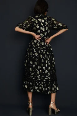 Outlet Oasis Metallic Floral Jacquard Lace Trim Midi Dress Black