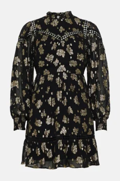New Oasis Metallic Floral Jacquard Lace Trim Skater Dress Black