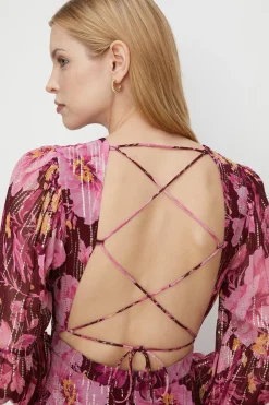 Fashion Oasis Metallic Floral Open Back Tiered Maxi Dress Berry