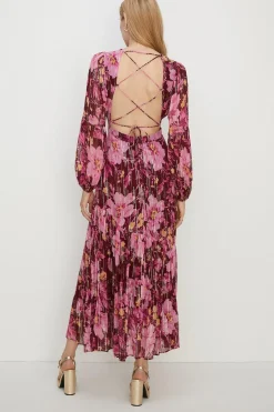 Fashion Oasis Metallic Floral Open Back Tiered Maxi Dress Berry