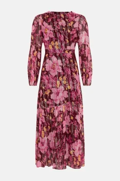 Fashion Oasis Metallic Floral Open Back Tiered Maxi Dress Berry