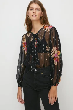 Best Oasis Metallic Floral Pussybow Blouse Black