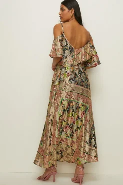 Discount Oasis Metallic Frill Cold Shoulder Midi Dress Multi
