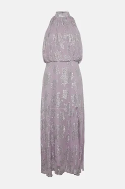 Fashion Oasis Metallic Halter Neck Midi Dress Lilac