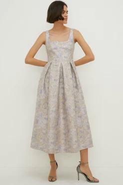 Fashion Oasis Metallic Jacquard Full Skirted Midi Dress Gold