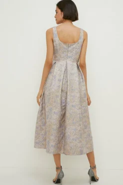 Fashion Oasis Metallic Jacquard Full Skirted Midi Dress Gold