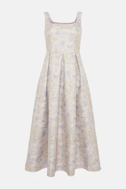 Fashion Oasis Metallic Jacquard Full Skirted Midi Dress Gold