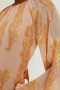 New Oasis Metallic Jacquard Volume Sleeve Midi Dress Blush