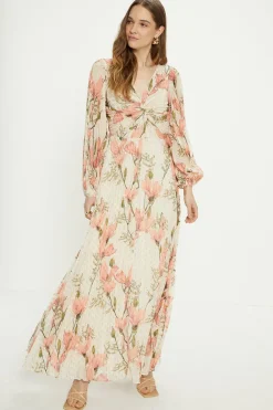 Discount Oasis Metallic Magnolia Twist Front Pleated Midi Dress Ivory