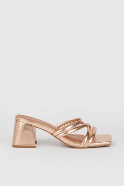 Fashion Oasis Metallic Multi Strap Detail Mule Block Heel Rose Gold