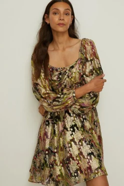 Sale Oasis Metallic Paisley Printed Skater Dress Multi