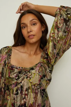 Sale Oasis Metallic Paisley Printed Skater Dress Multi