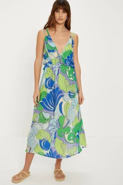 Sale Oasis Metallic Stripe Swirl Strappy Ruffle Dress Blue