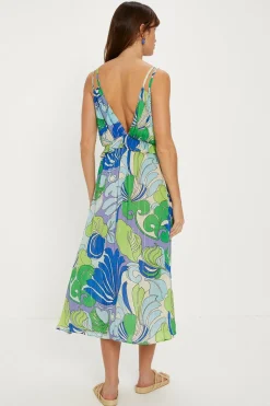 Sale Oasis Metallic Stripe Swirl Strappy Ruffle Dress Blue